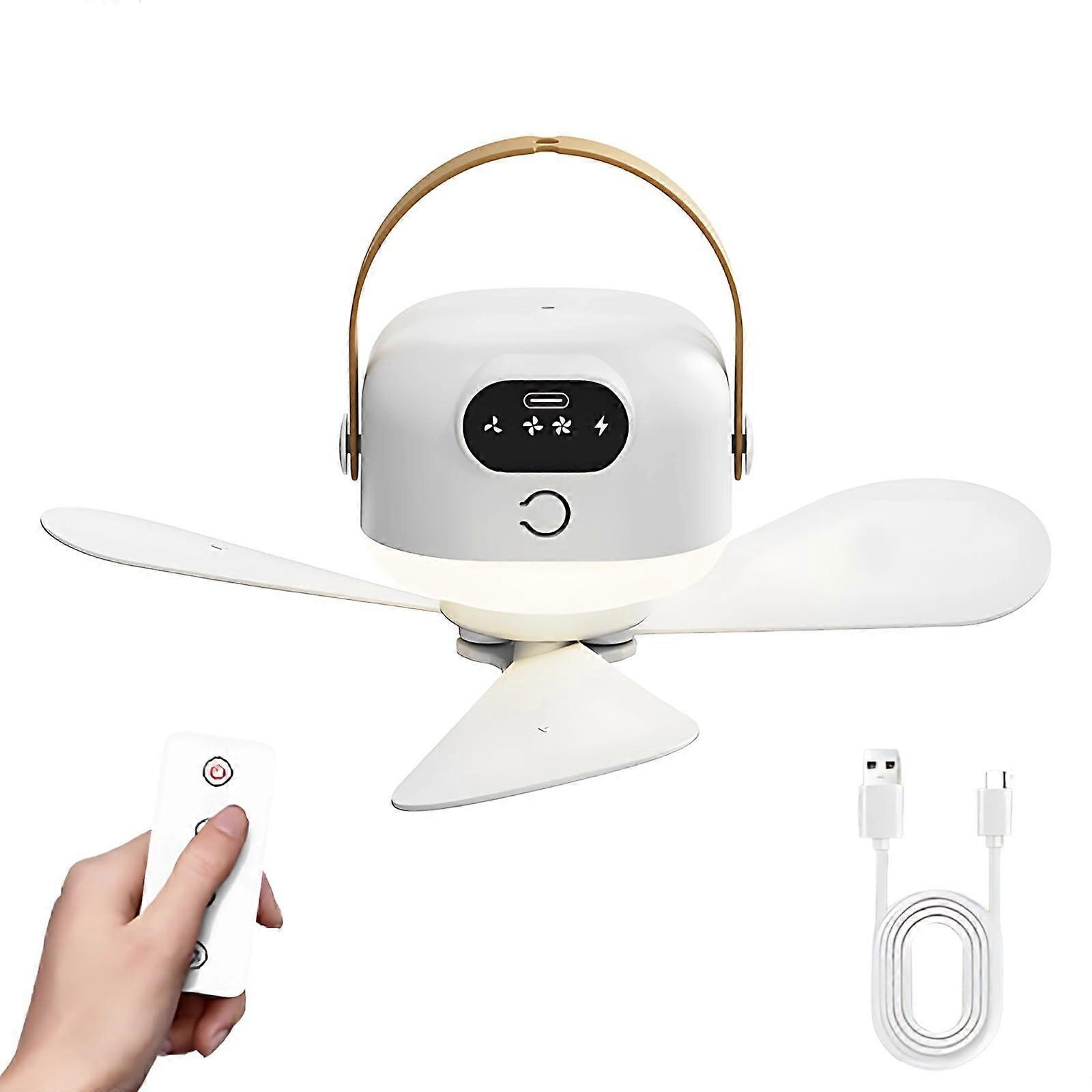 Portable Rechargeable Ceiling Fan with Remote, LED Light, USB Charging and Hook for Camping