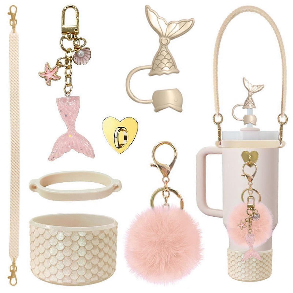 INF Mermaid 7-delige accessoirekit voor Stanley Tumblers: siliconen bekerhouder in de vorm van een vis, riempje en Berloc-houder.
