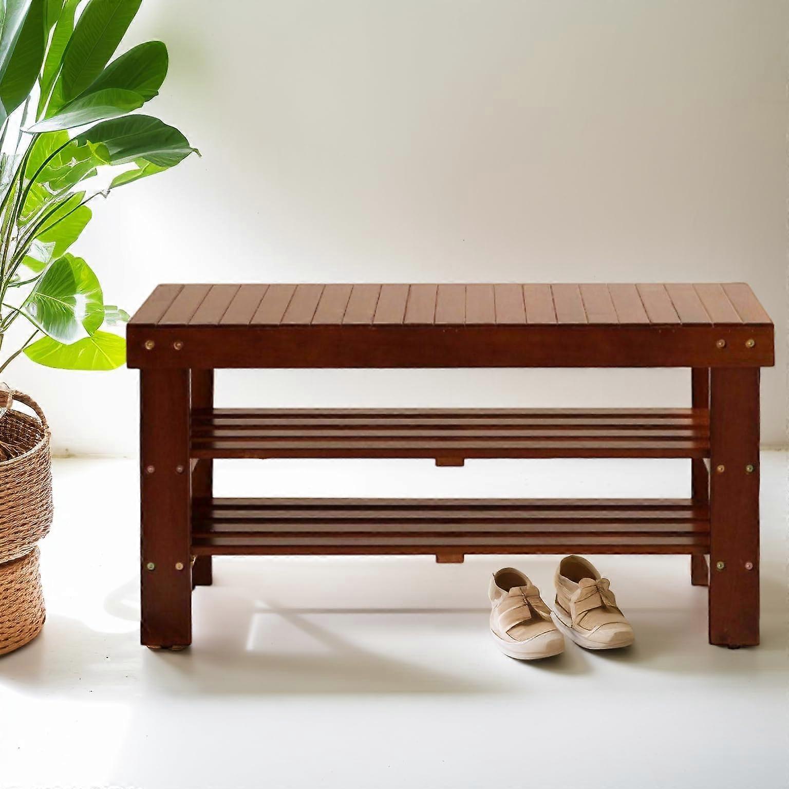 Solid Wood Shoe Storage Bench with Shelf, Elegant Cherry Finish Entryway Seating and Storage