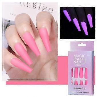 2025 24 unidades de unhas postiças luminosas neon fluorescentes bailarina brilhantes longas em formato de caixão, unhas postiças artificiais para manicure de festa.
