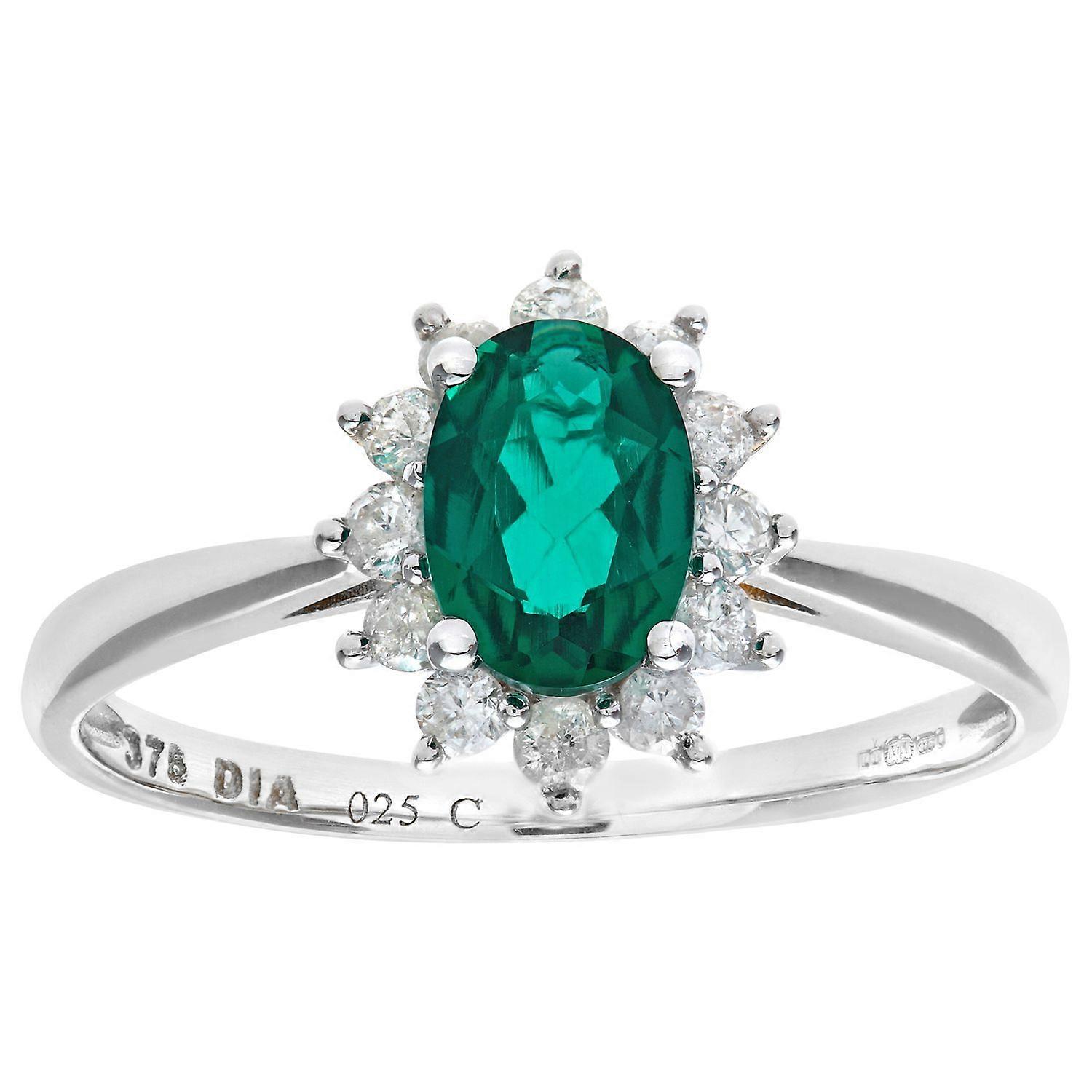 Jewelco London 9ct White Gold Round 1/4ct Diamond Oval 0.67ct Emerald Classic Royal Oval Cluster Ring 10mm