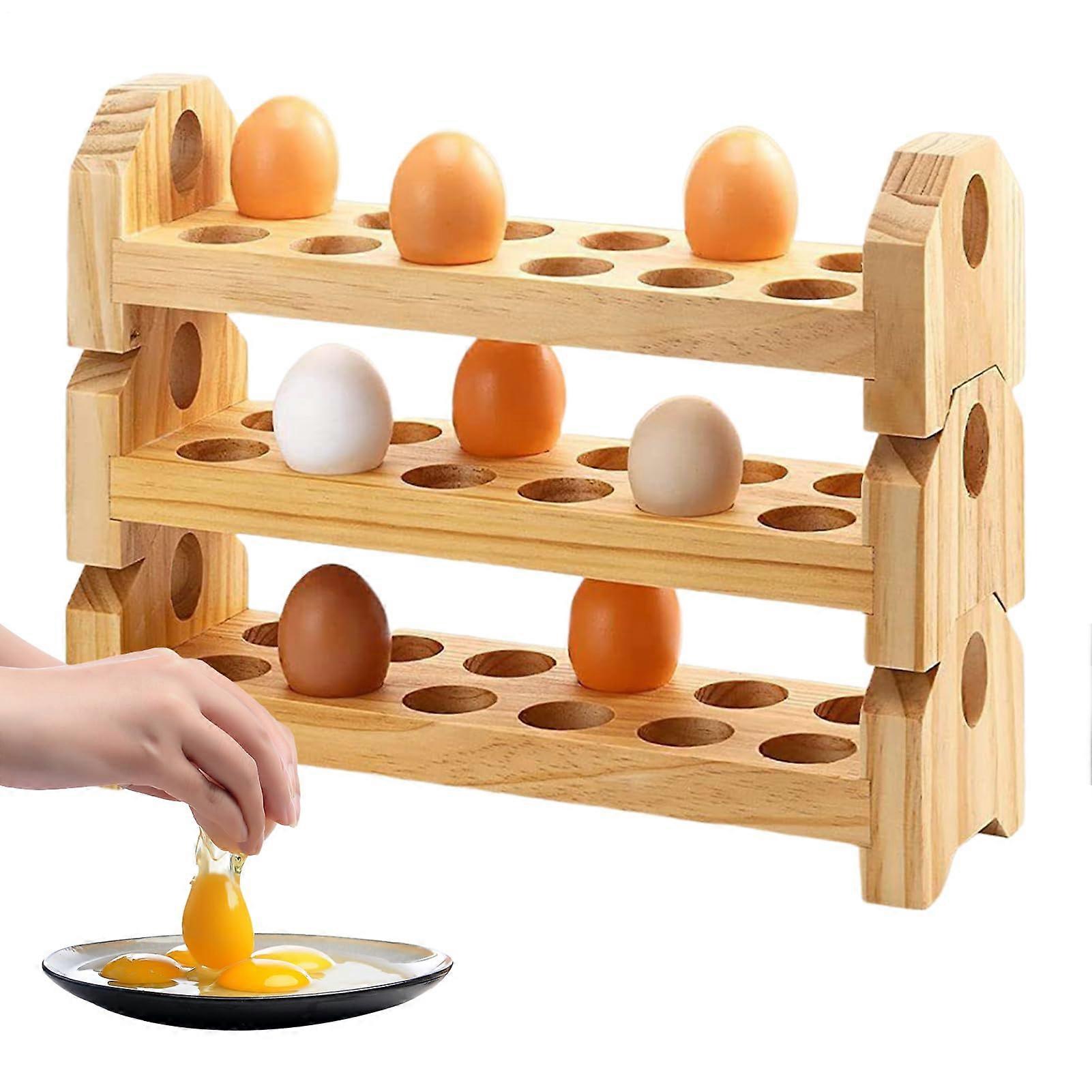 3Tier Wooden Egg Holder Rack, Stackable Walnut Egg Storage Organizer for Kitchen and Countertop