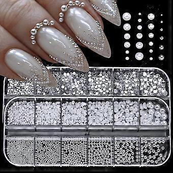 Nail Art Decorations Set with 3D Nail Charms, Pearl and Rhinestone Beads, White Flower Acrylic