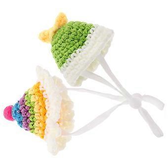 2Pcs Mini Hamster Lue Håndstrikket Små dyr Lue Mini Lue Liten søt lue med justerbar stropp