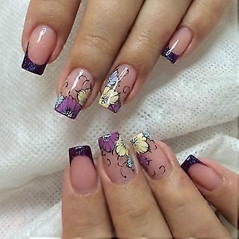 24 Pcs Festival Press On Nail Medium Square False Nail Sweet Flower Stick On Nail French Tip Artificial Nail