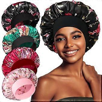 4 Stück breite Satin-Schlafhauben für Damen, Seidenhaarkappen für lockiges Haar und Zöpfe