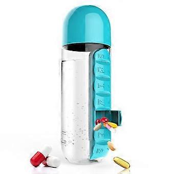 Bleu Bouteille d'eau portátil 2 en 1 avec pilulier 7 jours pour les voyages et les mdicaments 600 ml