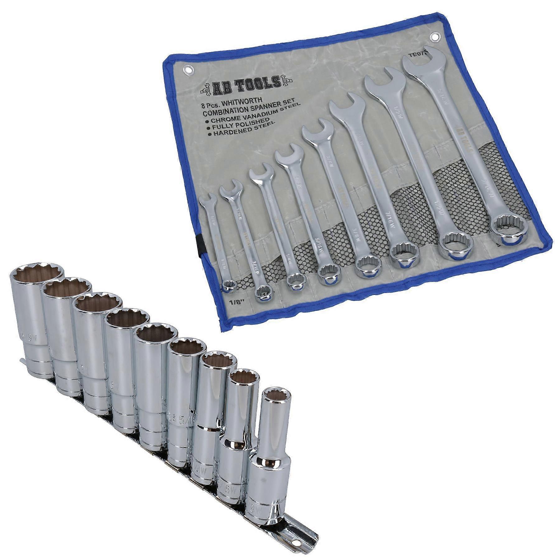 BSW British Whitworth Combination Spanner Wrench + Deep Sockets 17pc Set