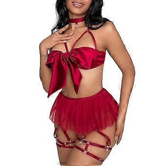 Women Sexy 3-Pieces Pajamas Bra Thong Sleepwear Bodysuit Nightwear Underwear Solid Strap Lace up Sleep Pijama Nightgown Claret