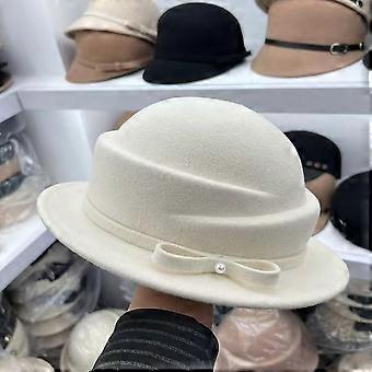 Fujia daughter retro pearl bow wool top hat female autumn and winter celebrity fashion high-end basin hat bucket hat
