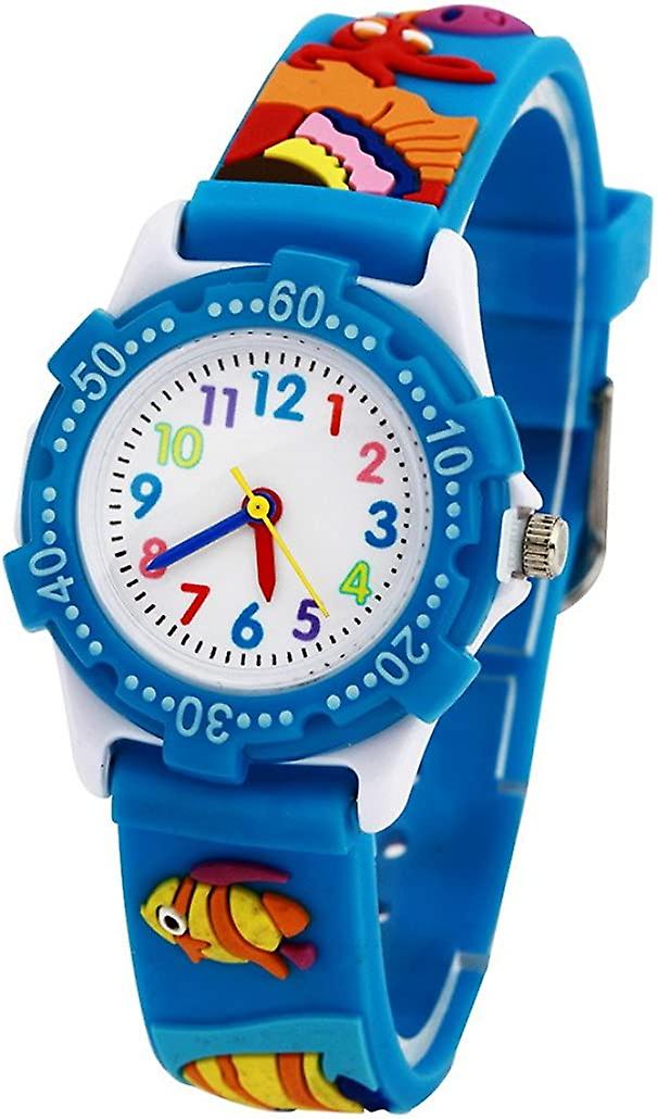 Montre éducative pour enfants garçons Quartz Cadran blanc avec 3d Design Rubber Strap 3-8 ans (bleu 