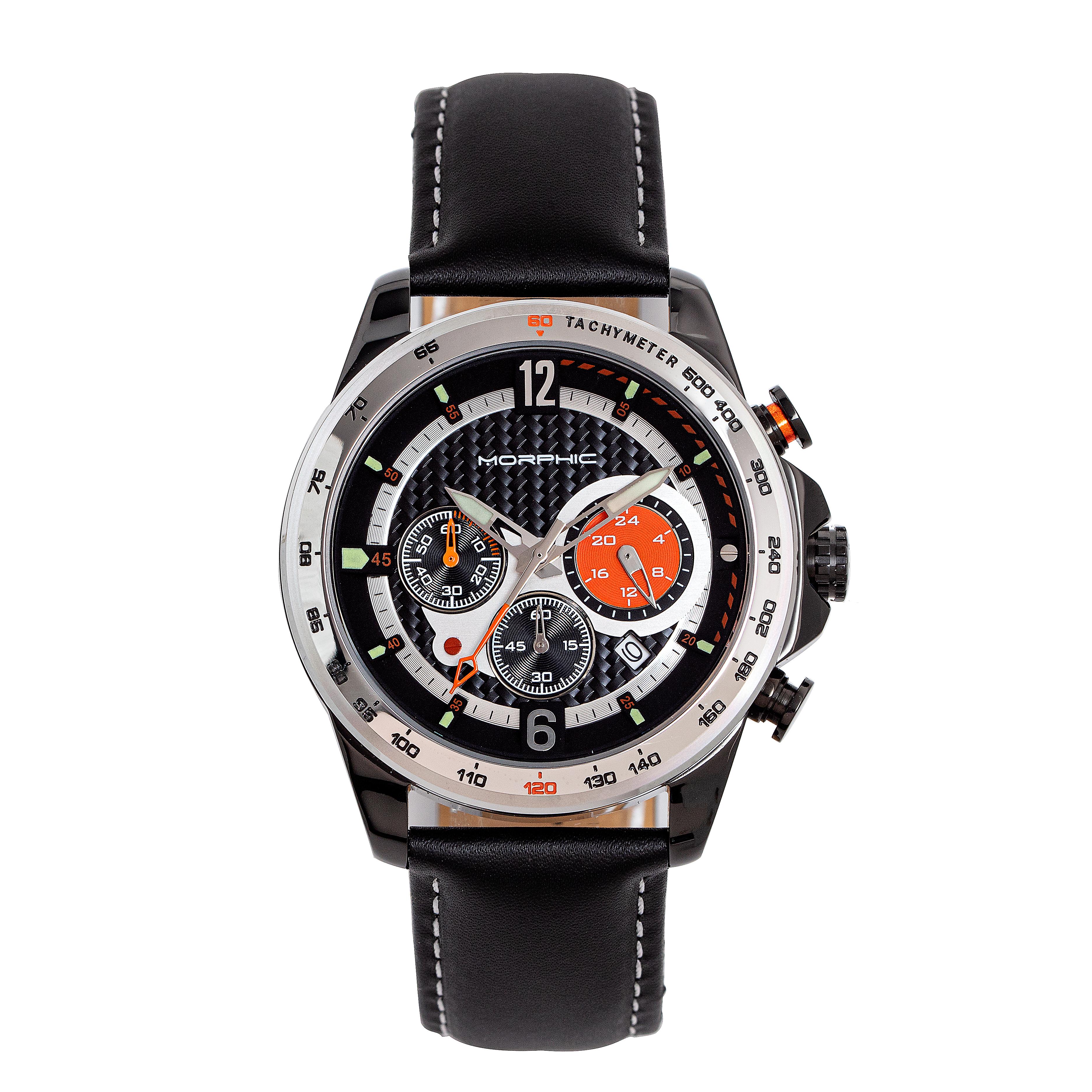 Morphic M88 Series Chronograph Leather-Band Watch w/Date - Black/Silver