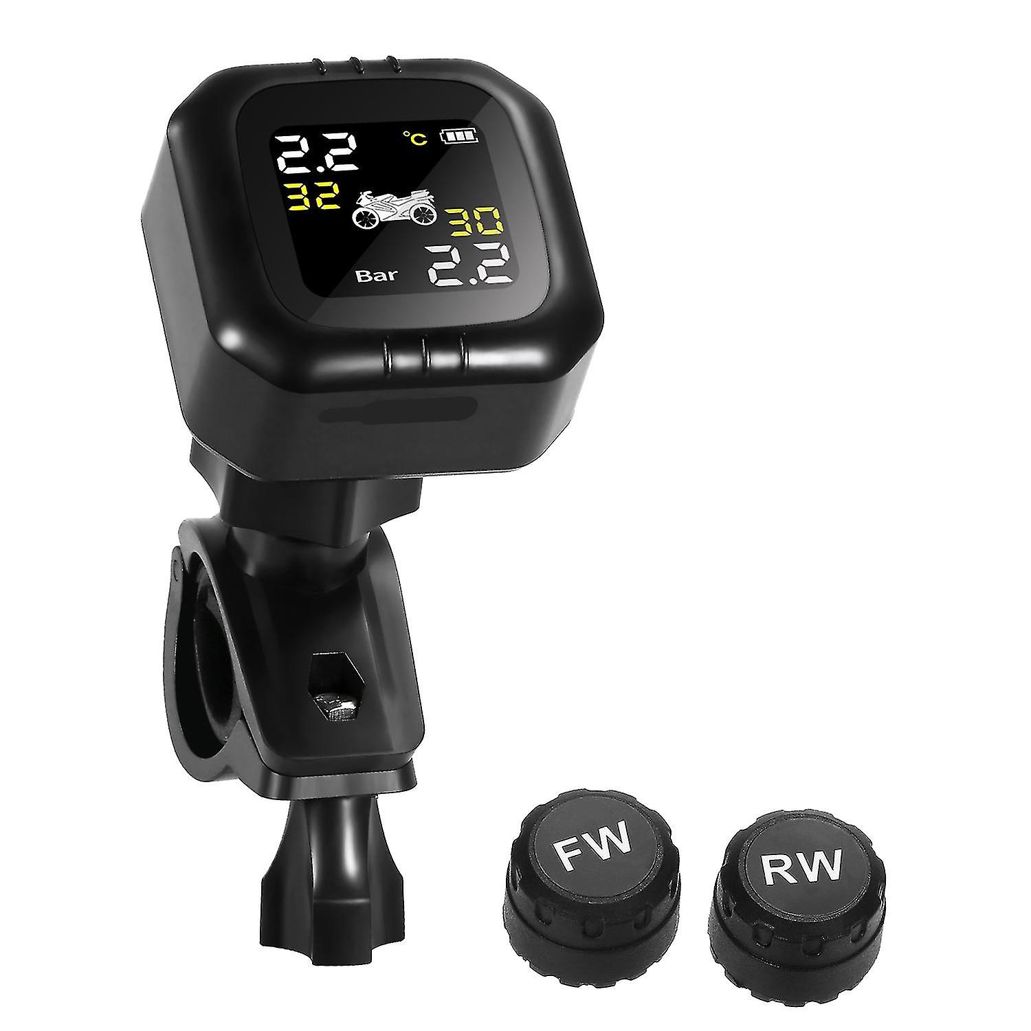 Black Motorcycle Tire Pressure Monitoring System With 2 External Sensor Waterproof Cordless