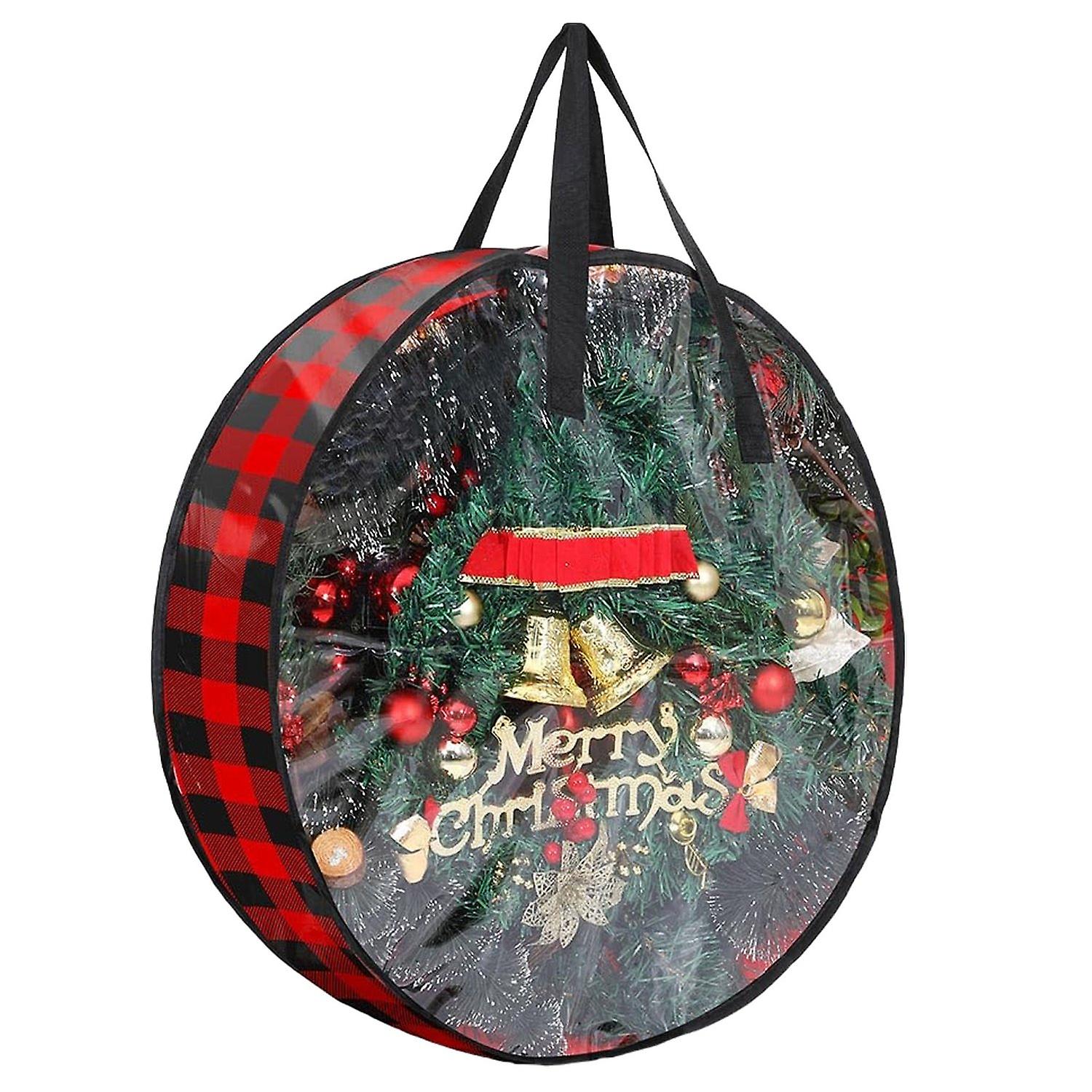 Garland Storage Bag Plaid Pattern Christmas Wreath Storage Container with Clear Window for Home Holi
