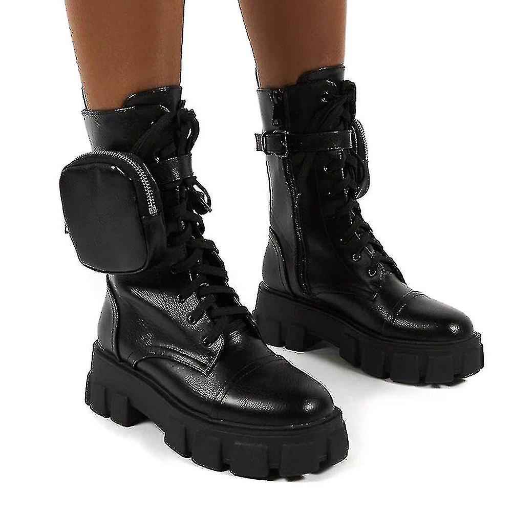 Women Combat Ankle Boots Chunky Platform Lace-up Zip Biker Shoes