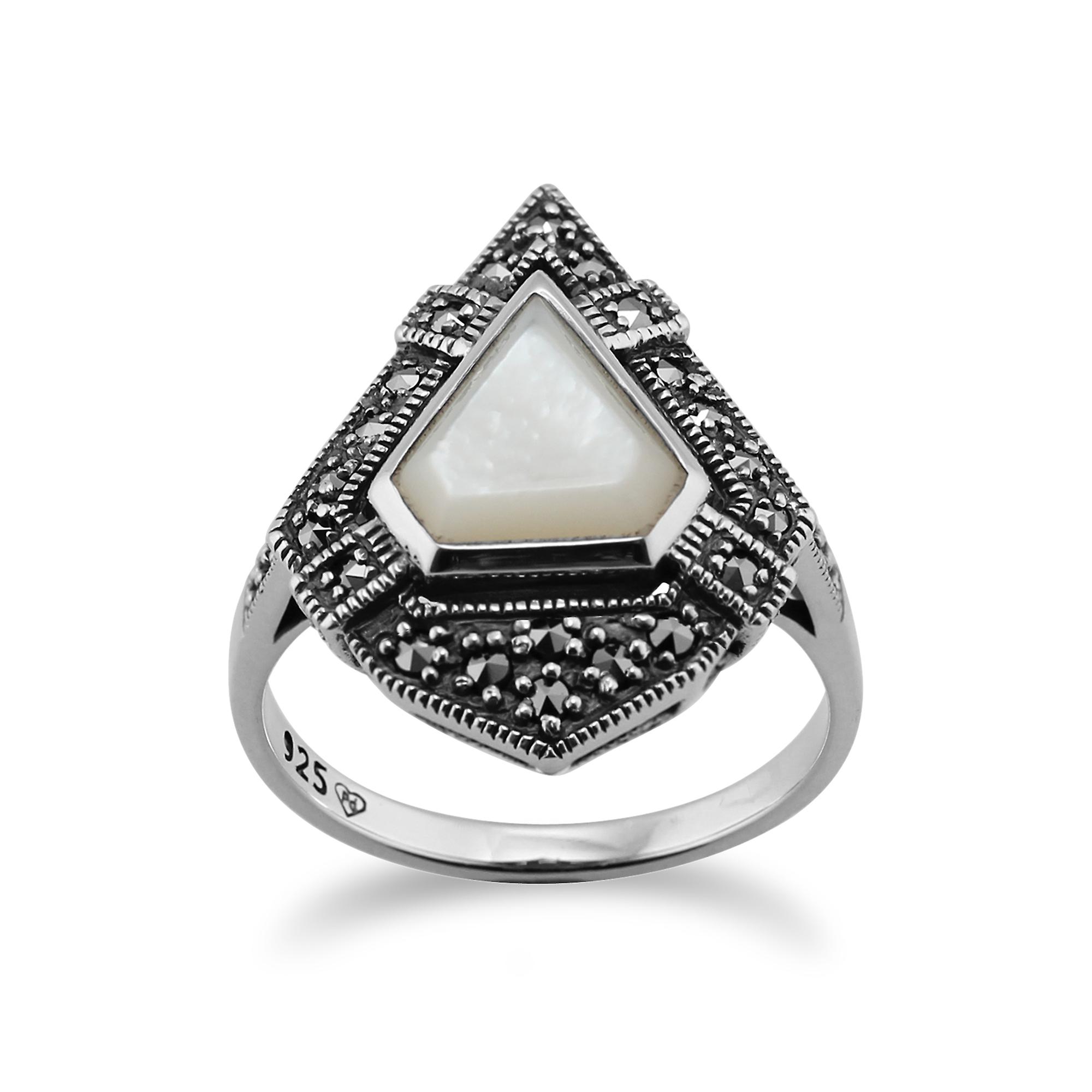 Art Deco Style Triangle Mother of Pearl & Marcasite Statement Ring in 925 Sterling Silver 214R479301925