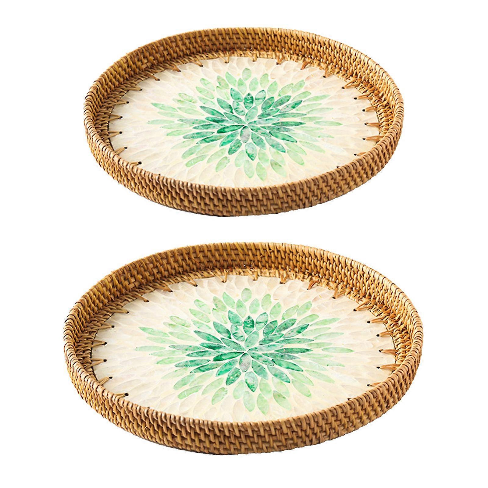 2pcs Handmade Rattan Tray Colorful Shell Fruit Plate Household Coffee Table Storage Tray Bread Snack Plate for Living Room