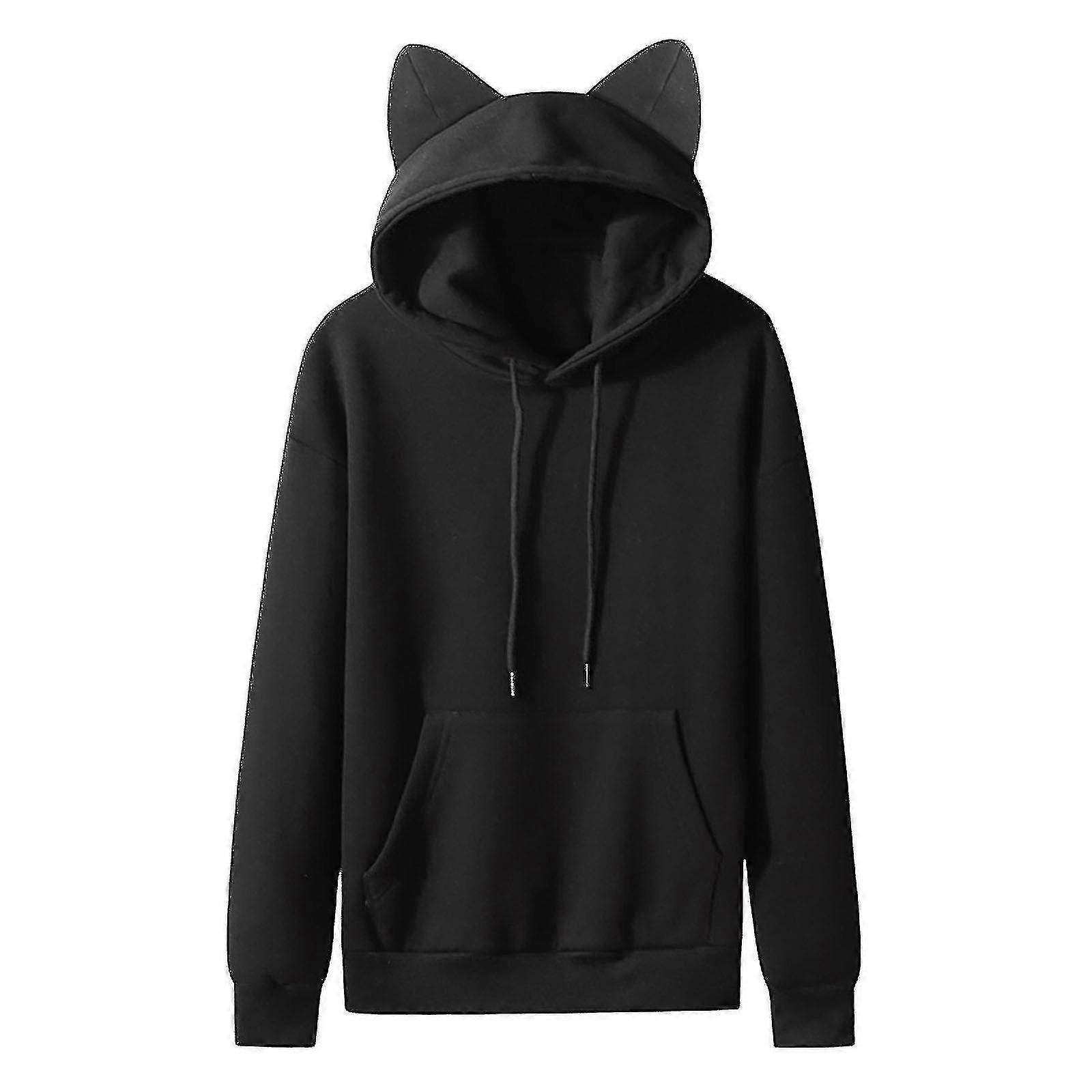 Moletom masculino casual com capuz e bolso de lã com orelhas de gato e pulôver sólido