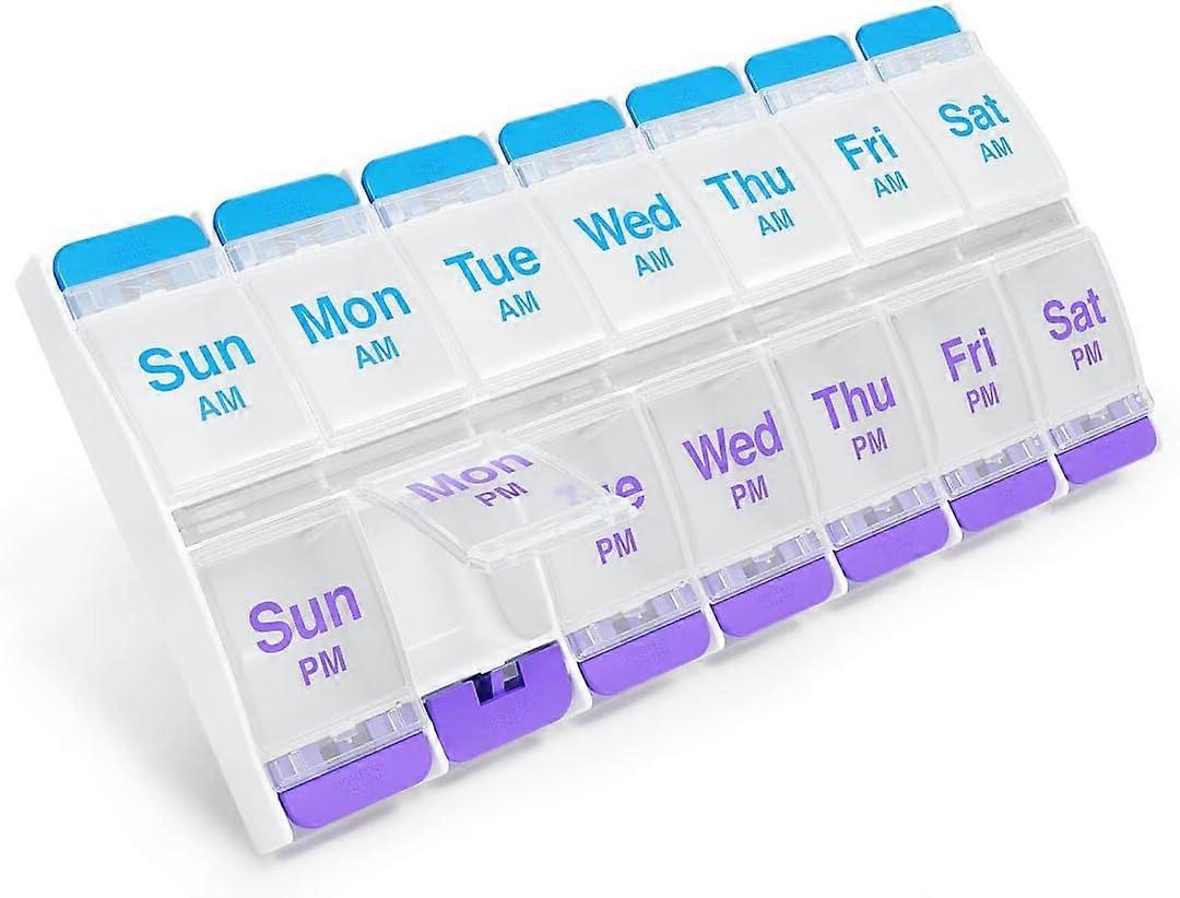 Push Button (7-Day) Pill, Medicine, Vitamin Organizer | Weekly, 2 Times a Day, AM/PM | Large Compartments | Arthritis Friendly | Clear Lids