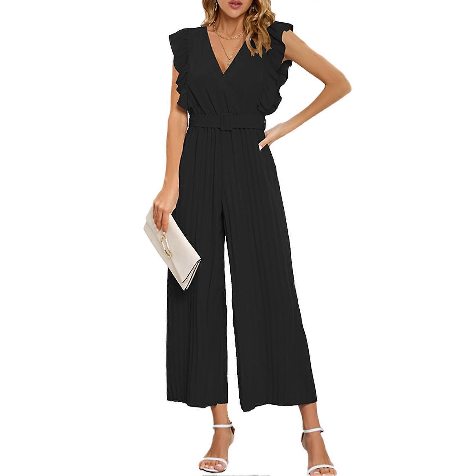 V Neck Jumpsuit Pants Women Sleeveless Casual Rompers with Waistband Pleated Straight Leg Black S