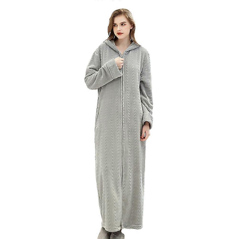 Kvinnor Lång huva morgonrock Nattklänning Flanell Badrock Zip Robes