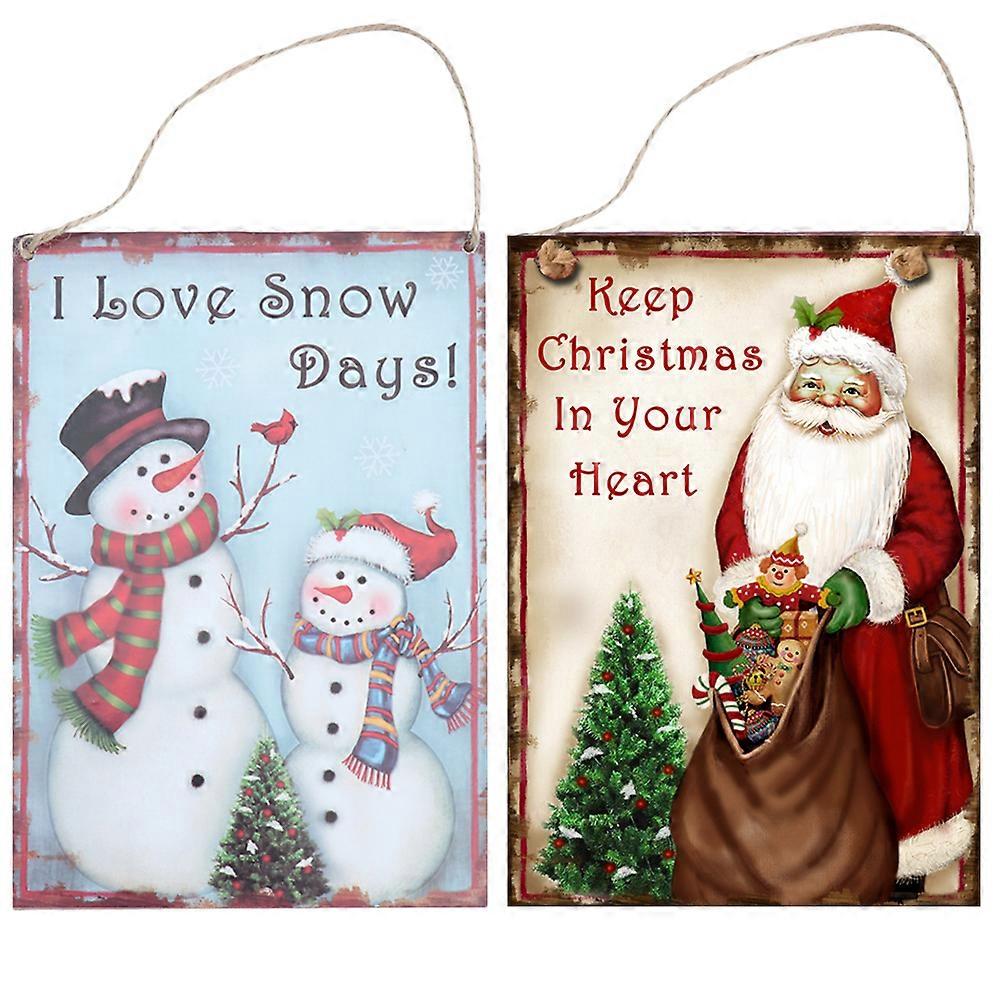 2個のクリスマス木製吊り下げプラークサンタクロース雪だるまドア壁の看板