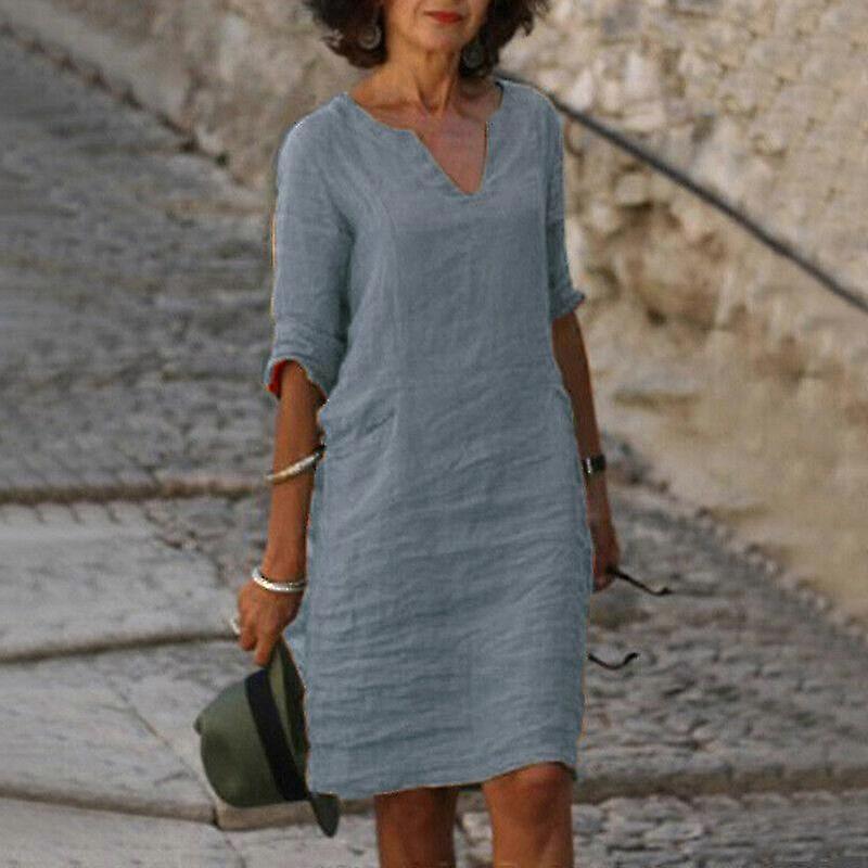 Manches courtes pour femmes Coton Lin Midi Robe Dames Solid V Neck Baggy Sundress_a