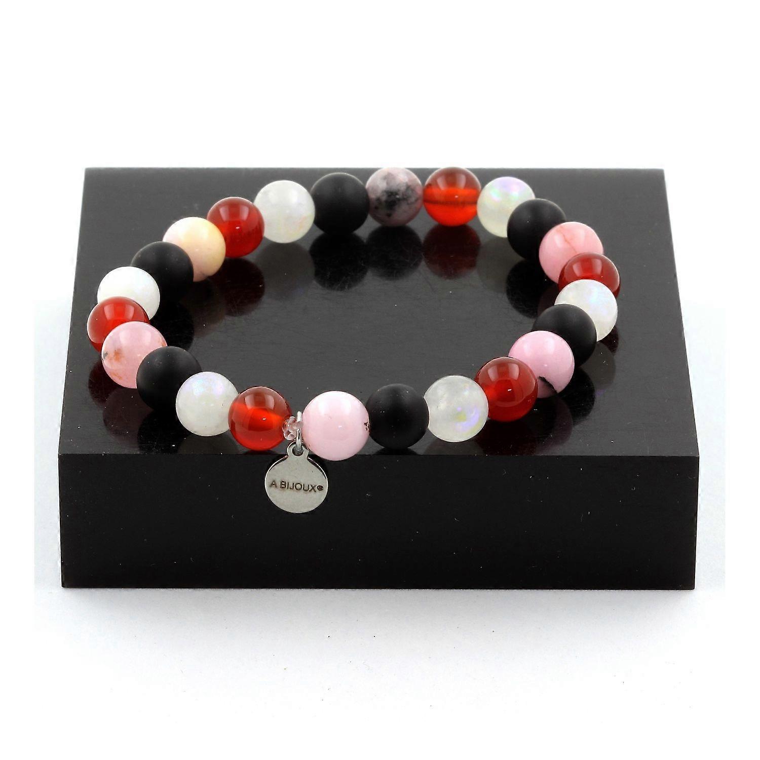 Bracelet Beads Red Agate + Moonstone + Matte Black Onyx + Pink Opal 8 mm