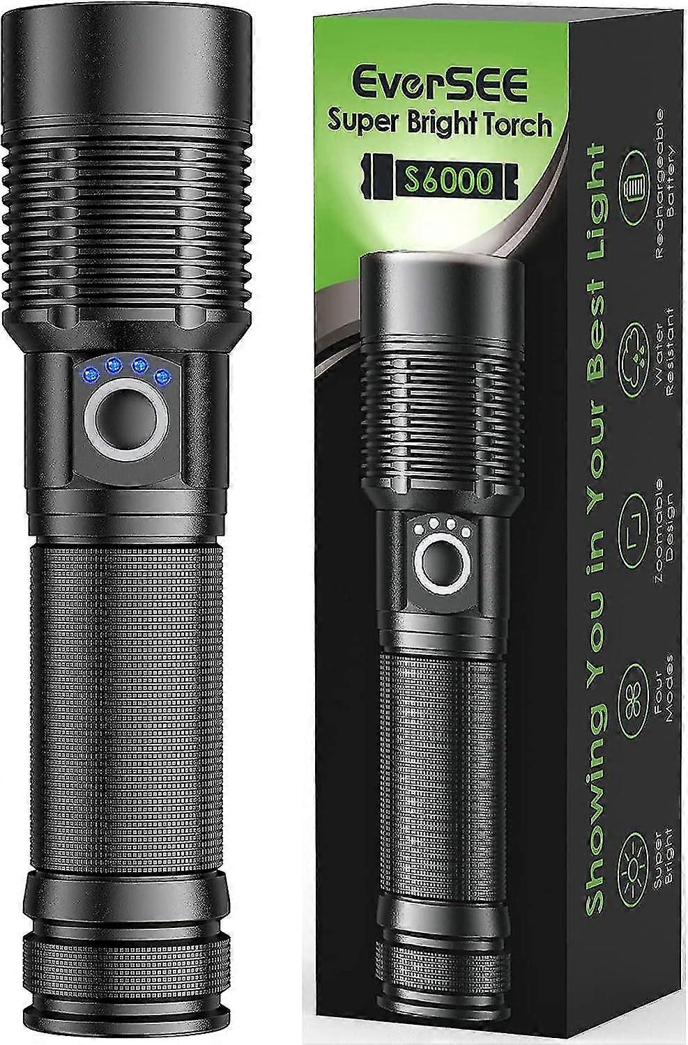 Ultra Powerful Led Torch - 3000 Lumens Rechargeable Flashlight S6000 Tactical Light, Usb Rechargeable Led Torch, 5 Torch Modes Waterproof Zoomable Int