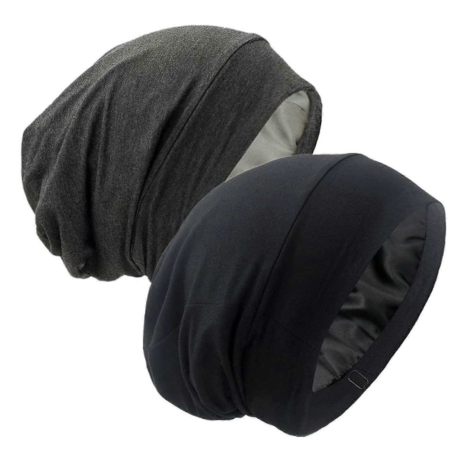 Satin Lined Hair Cover Sleep Cap - Sleeping Beanie For Frizzy Natural Curly Hair Protection - Black & Dark Grey