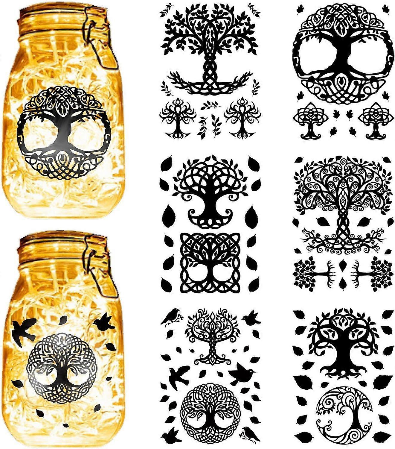 12 Sheets 6 Styles Tree of Life Mason Jar Decals Leaf Stickers Die Cuts Silhouettes Self-Adhesive PVC Waterproof for Crafts Scrapbook Lantern Jars Wal