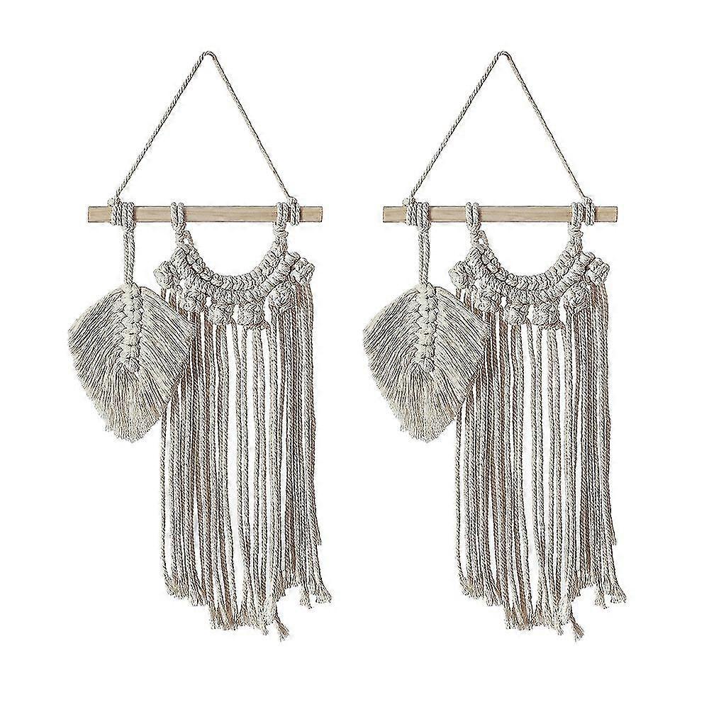 2 Pack Small Macrame Wall Hanging Decor, Handmade Boho Chic Leaf Feather Woven Home Art Decoration