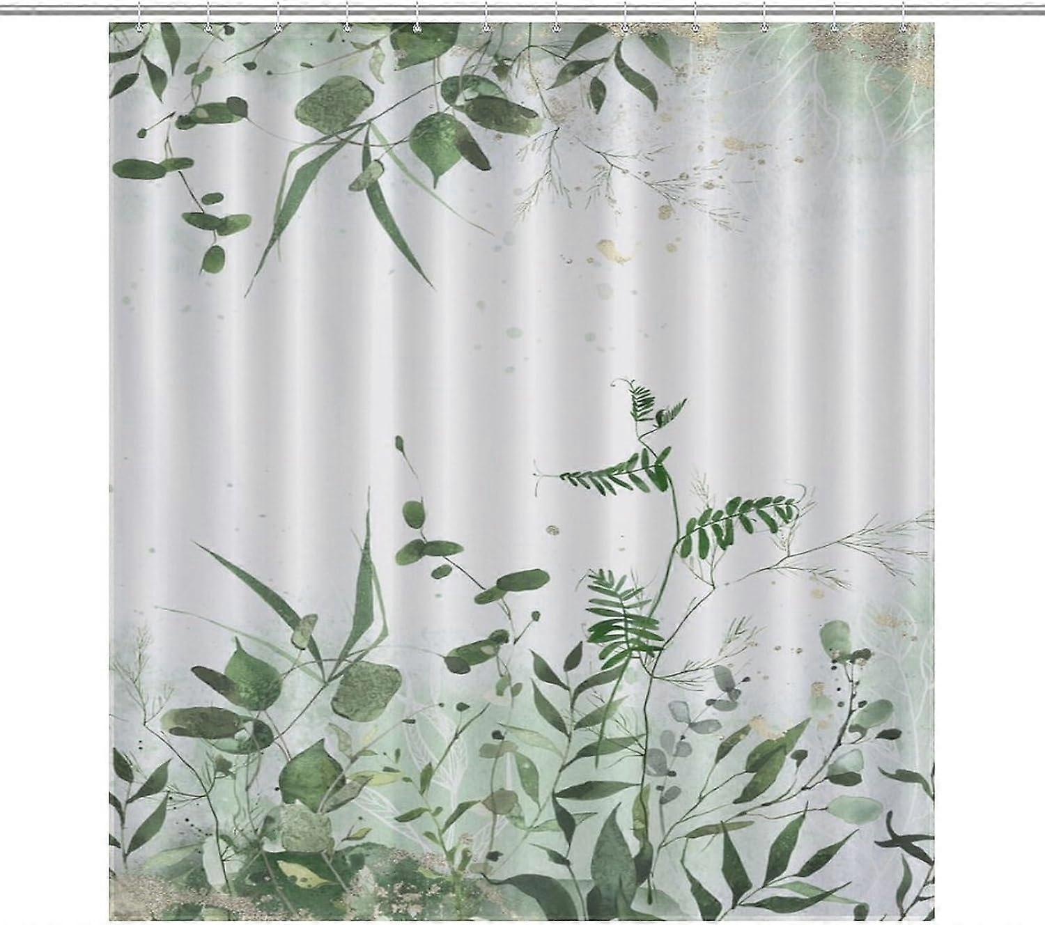 Spring Green Leaf Shower Curtains for Bathroom, Watercolor Flowers Leaves Decor Pattern Bath Drapes Set with Hooks, Waterproof Fabric Windows Treatmen