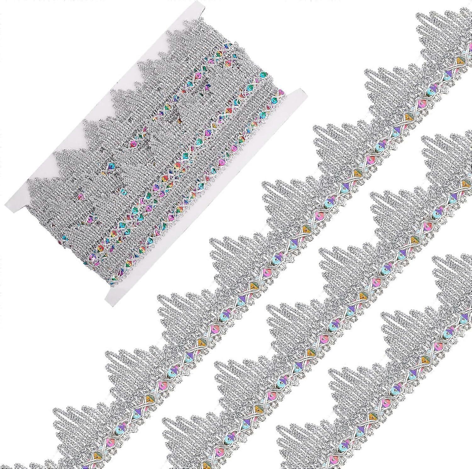 5 Yards Metallic Lace Trim 1.5 Inch Width Gimp Braid Fringe Silver Embroidery Venice Ribbon Edge with Sequins Triangle Craft Sewing Garment Accessory