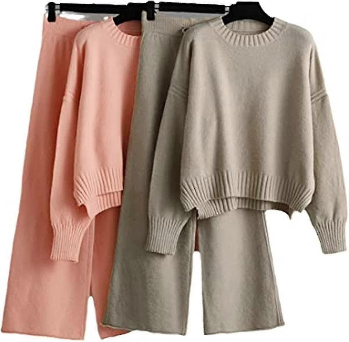 Herbst Winter Frauen 2-teilige Hosen mit weitem Bein Sets O Halspullover Kaschmir gestrickte Trainingsanzüge Zweiteilige Sets-AM