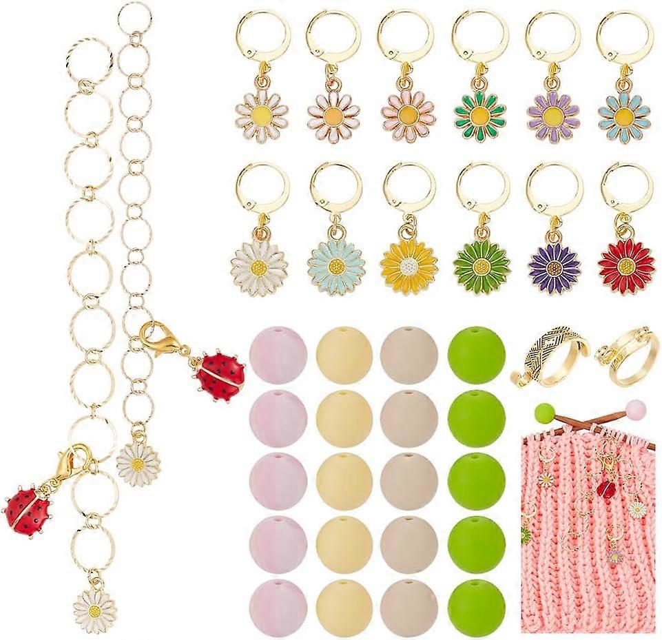 36Pcs Daisy DIY Knitting Tool Sets including Locking Stitch Markers Counter Chains Knitting Needle Stoppers & Yarn Guide Finger Holder Mixed Color 14~