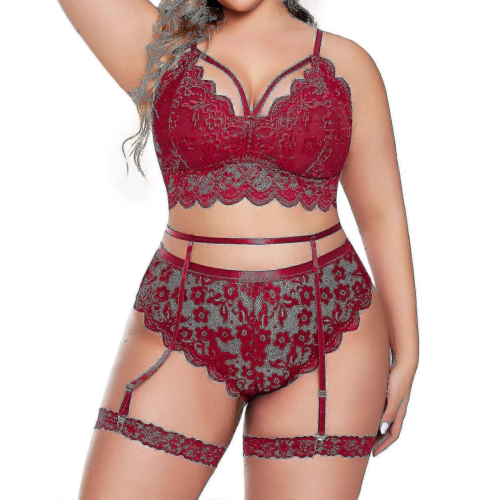 플러스 사이즈 란제리 세트 여성 섹시한 레이스 꽃 가리비 트림 슬링 브래지어 및 팬티 여름 얇은 속옷