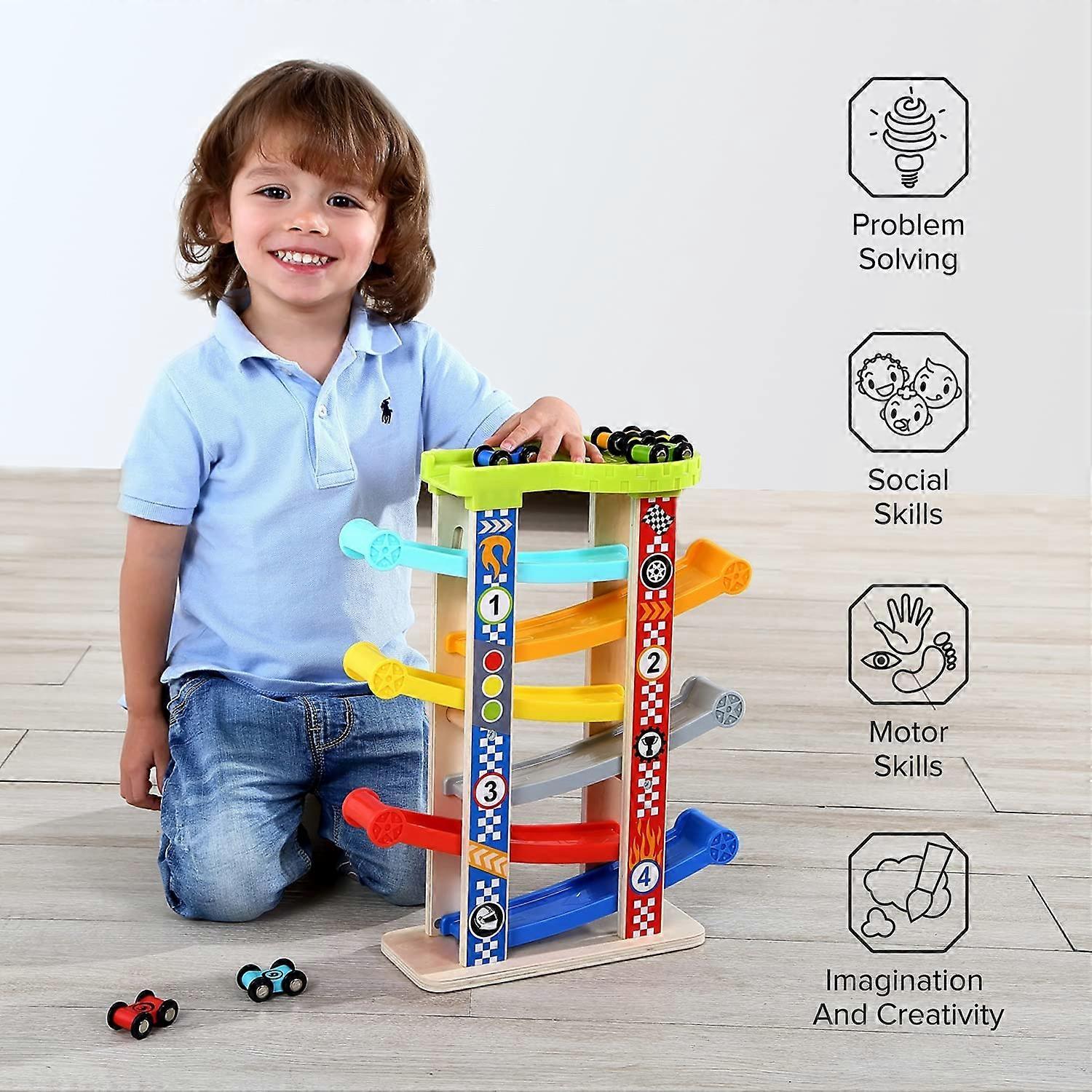 Wooden Car Ramp Racer Toy, Toddler Race Track Toy with 6 Mini Cars and ...