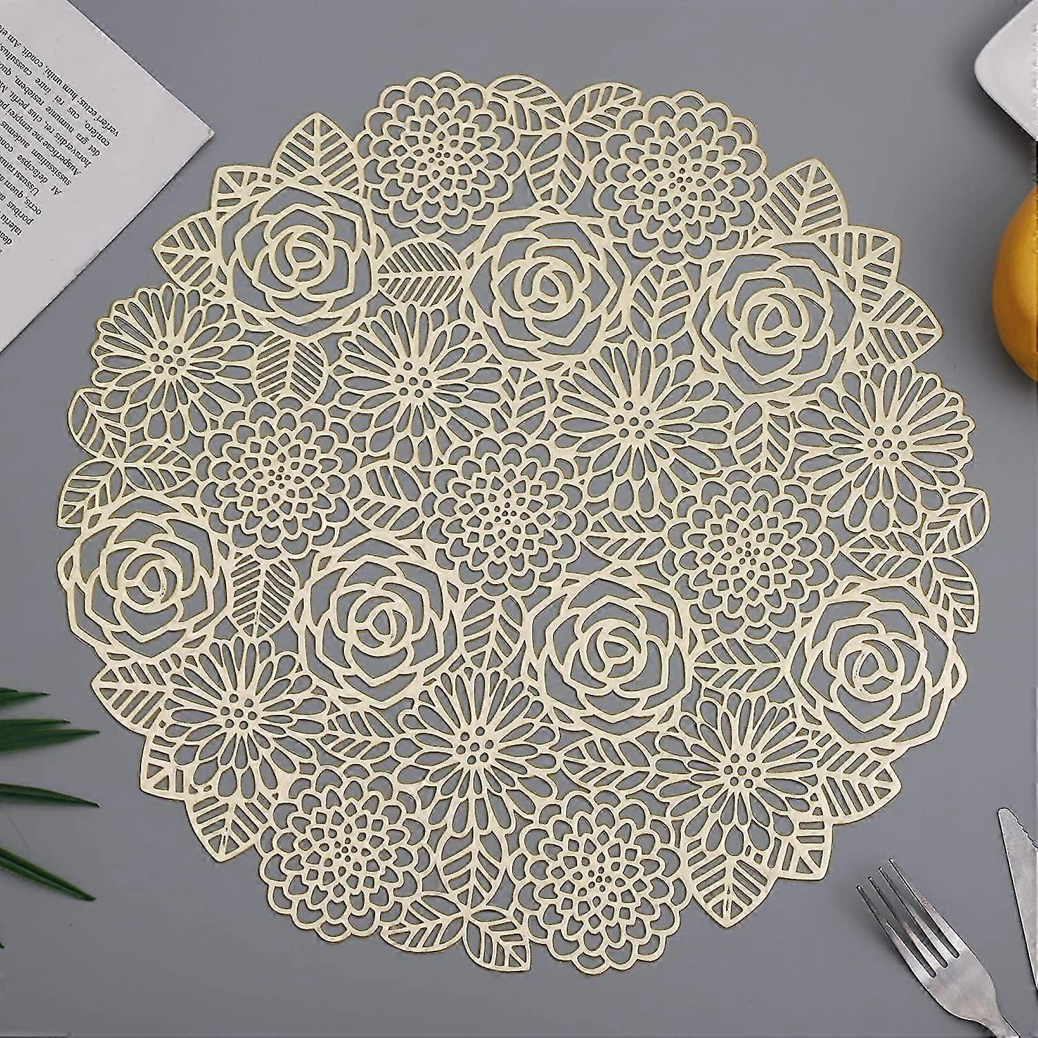 Golden Rose Pattern Round Placemats For Dining Table, A Set Of 6 Metal Hollow Table Mats For Table Decoration,gorgeous Placemats, Used For Wedding, Ba