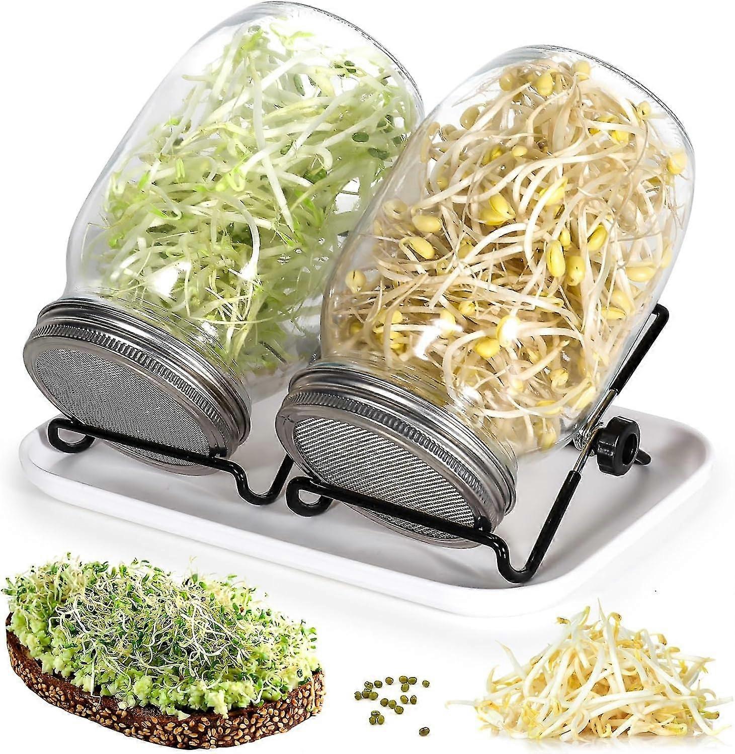 Sprout Jar, 2 x 1000ml Glass Sprout Jar Sprout Jar with 2 Stainless Steel Grid Lid, 2 Support, 1 Tray, Sprout Jar Kit for Broccoli Alfalfa