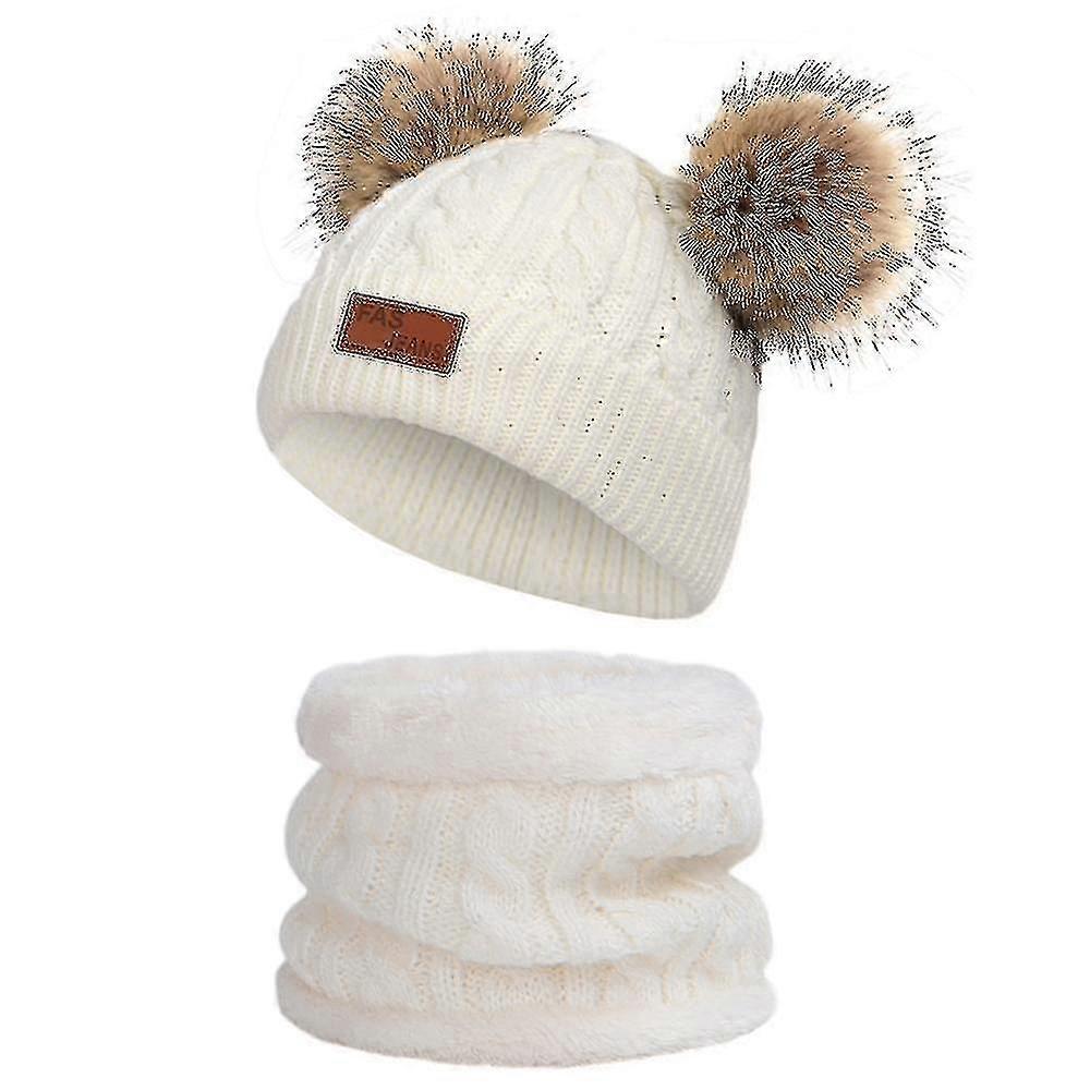 Toddler Hat Color Winter Double Pom Pom Knitted Cap And The Same Color Scarf