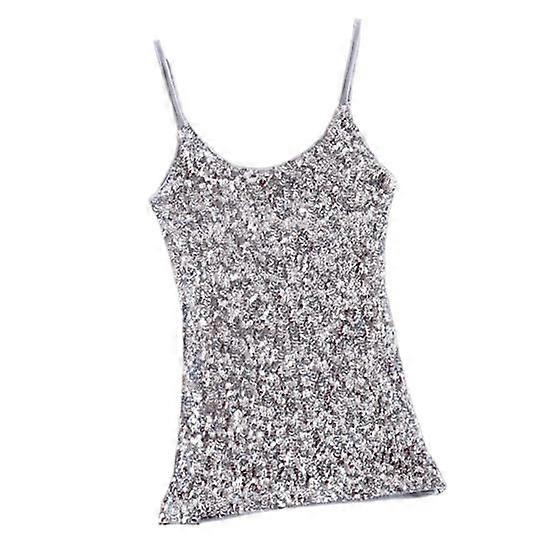 Women Summer Vest Top Shiny Sequin Sleeveless Adjustable Spaghetti Strap Slim Fit Soft Pullover Elastic Sparkling Stage Performance Tank Top