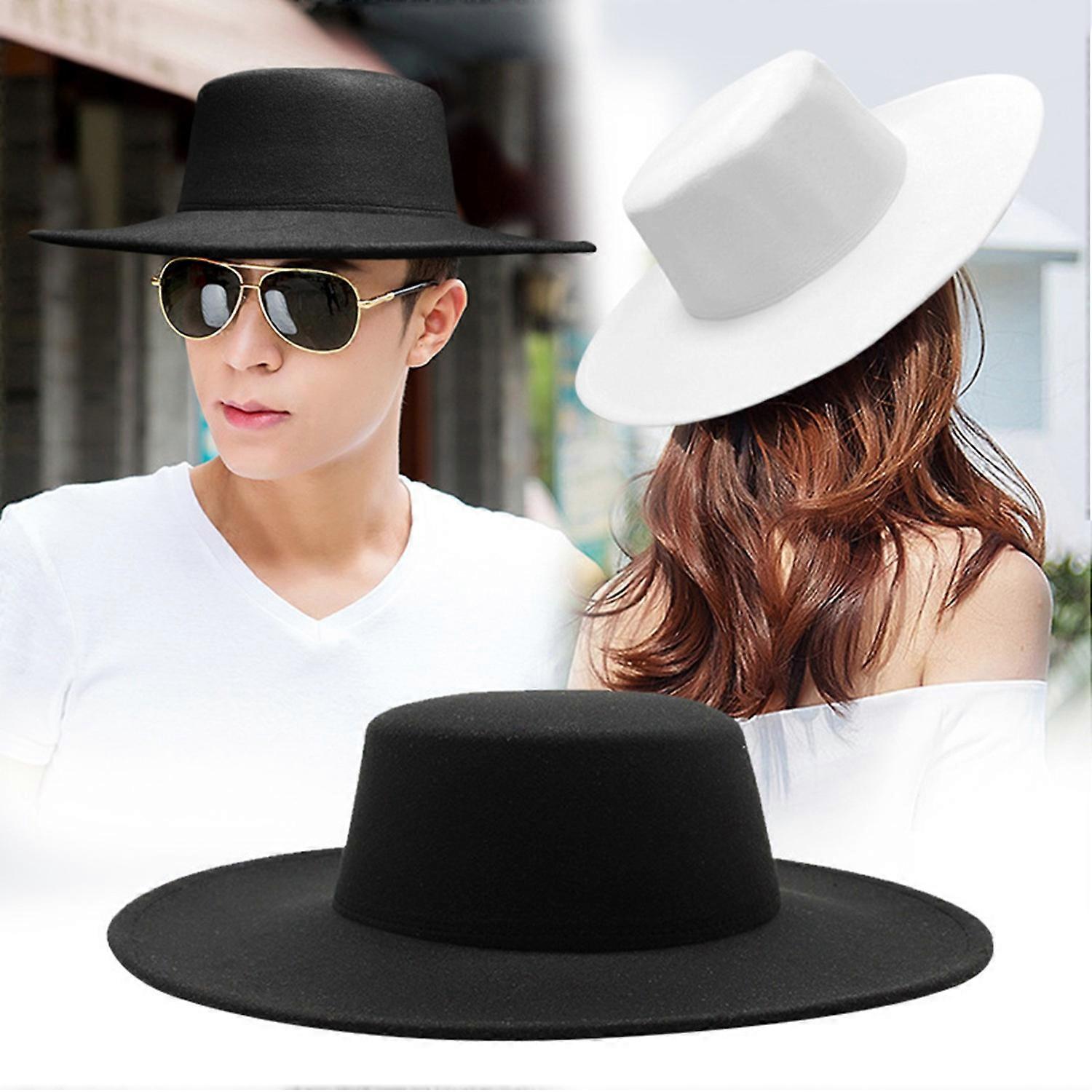 Panama Hat Men Black Fedora Flat Hat Classic Wide Brim Cap 