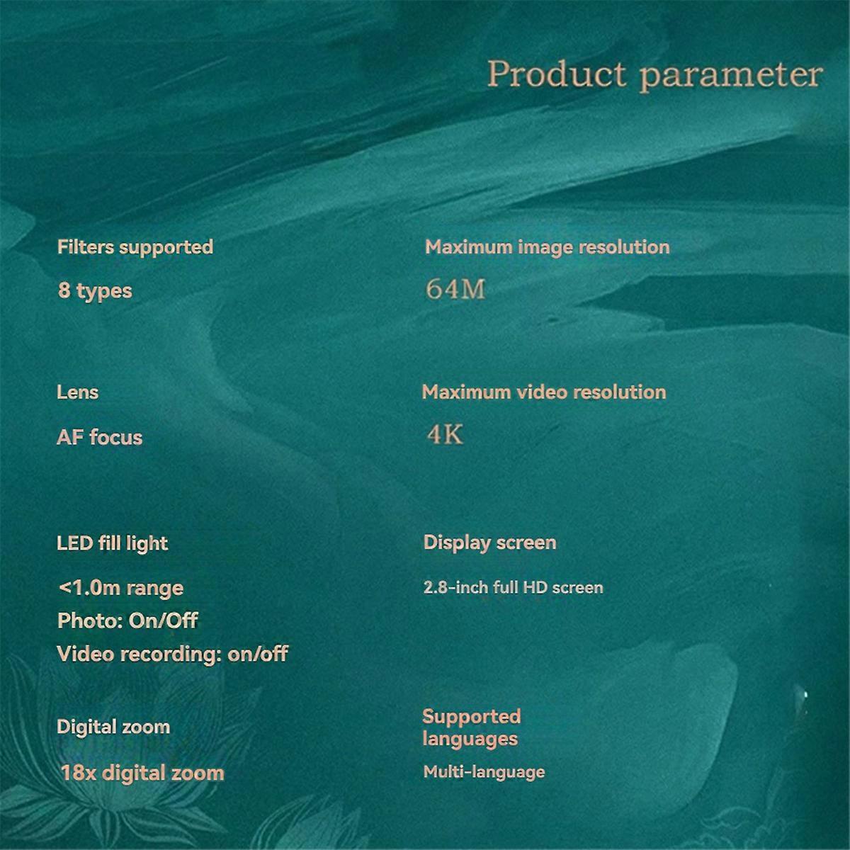 写真撮影用4Kデジタルカメラ、64MPオートフォーカス、手ぶれ補正、Vlog、ビデオカメラ、18倍、デジタルズーム、コンパクトカメラ、ホワイト