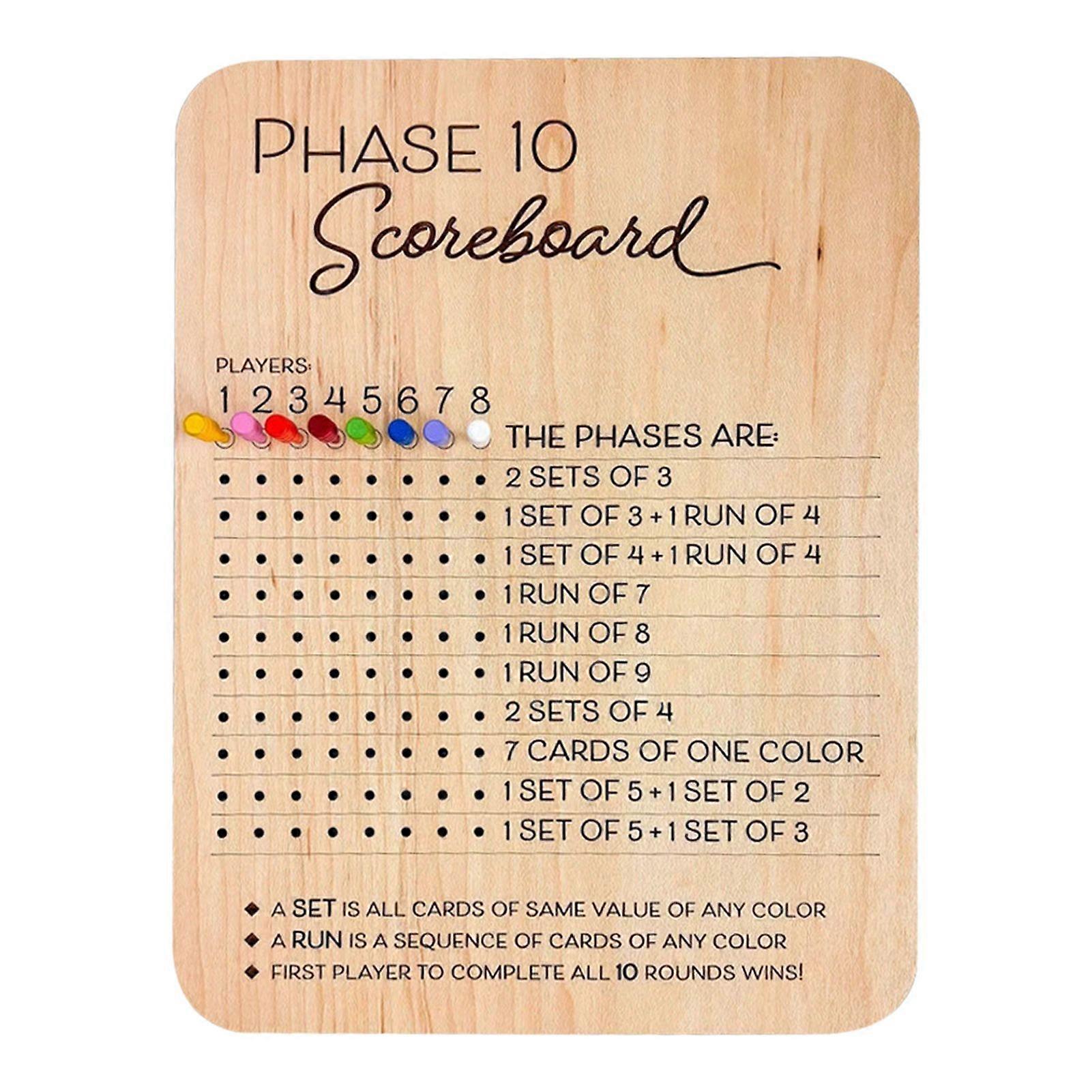 Phase 10 Score Board - Wooden Scoreboard with Colored Pegs, Easily Track Scores for Card Games and Family Games