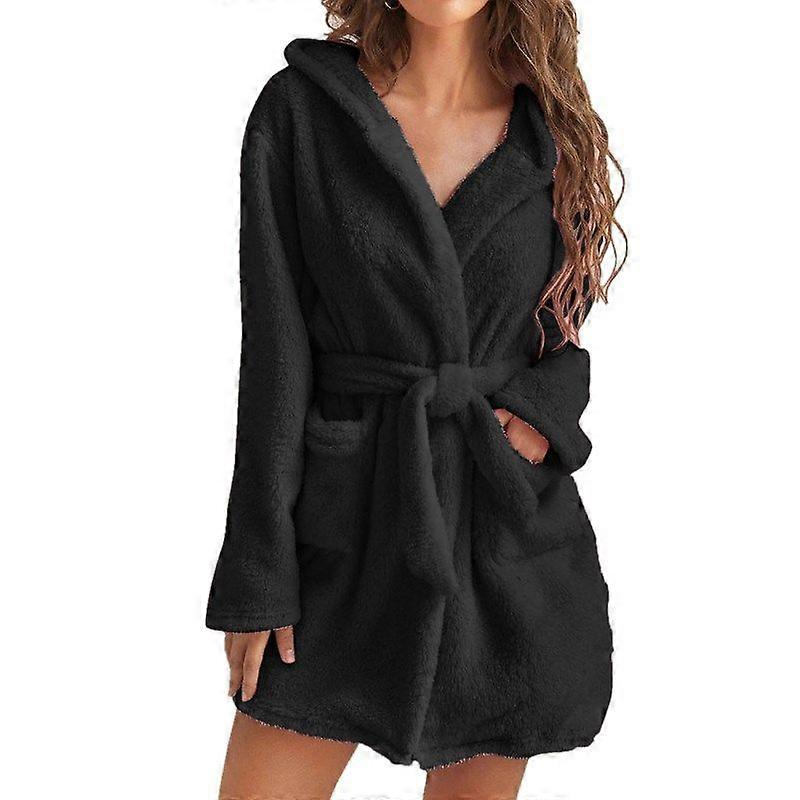 Women's Black Plush Robe, Midi Bathrobe with Tie-Up & Pockets for Autumn and Winter