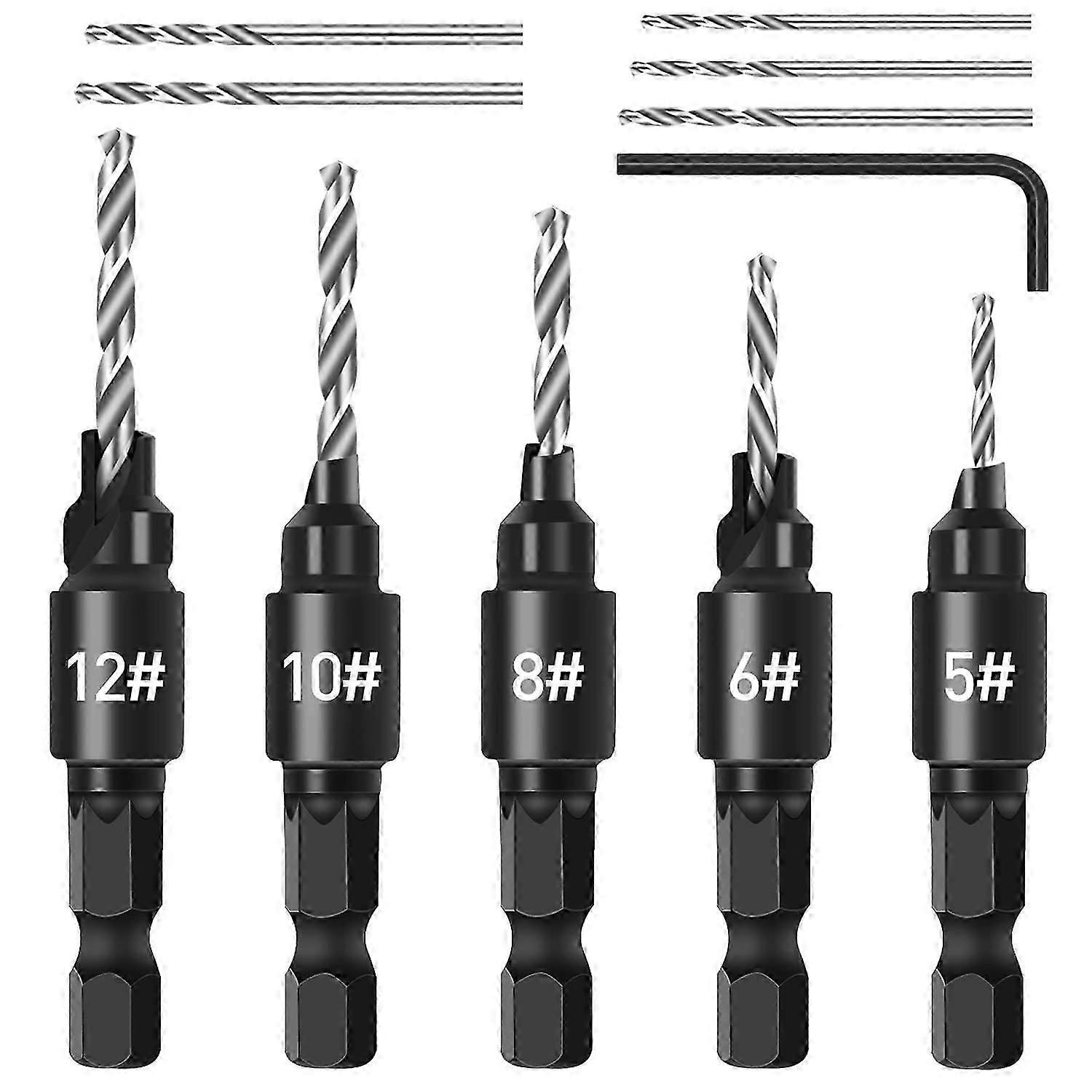 5Pcs Chamfer Drill Bit Set, 1/4" Adjustable Hex Shank Countersink Set Quick Change, Replaceable Countersink Bits with Hex Wrench, Woodworking Drill Bi