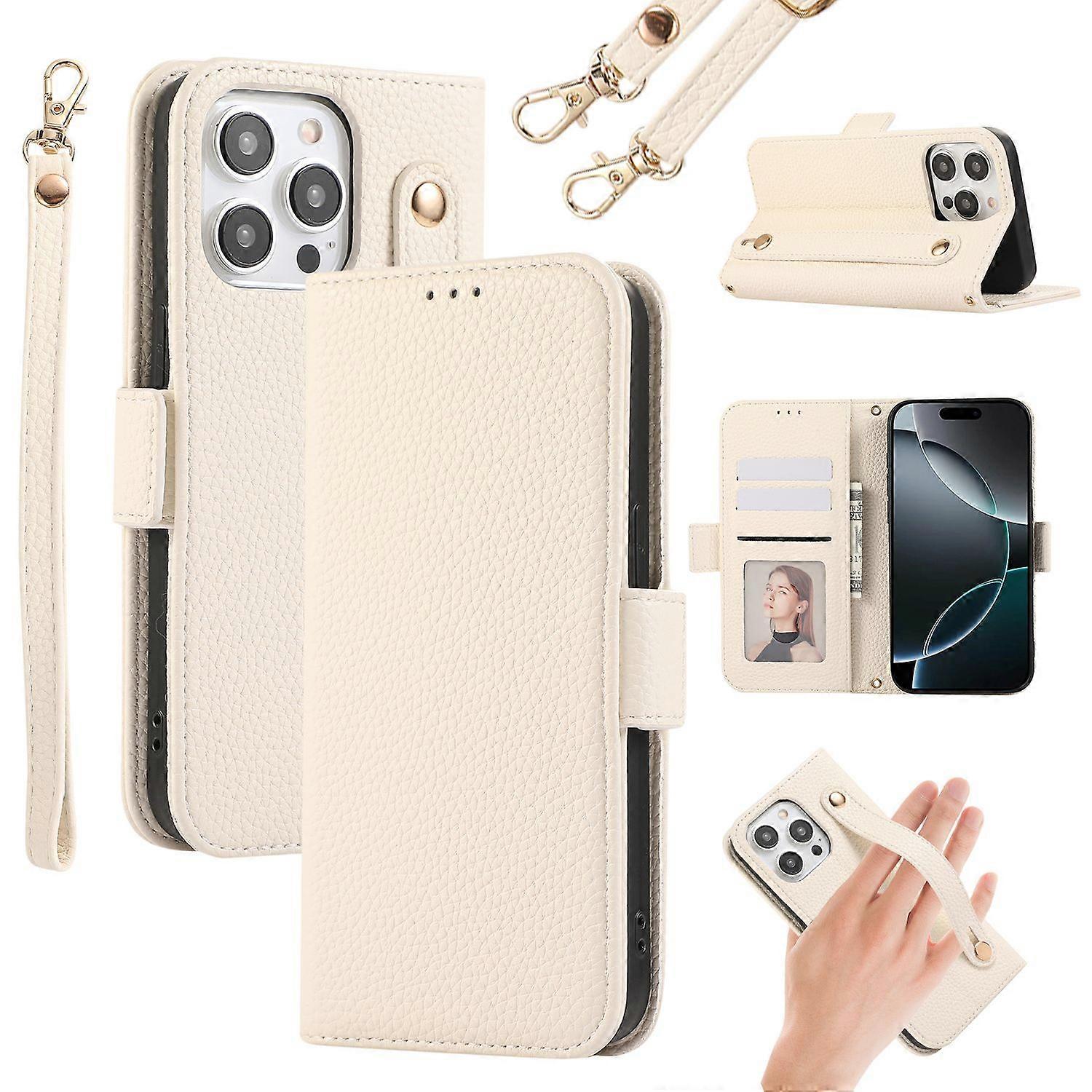 For iPhone 16 Pro Leather Case with Card Holder,Straps,Shockproof Wallet Phone Cover-Beige