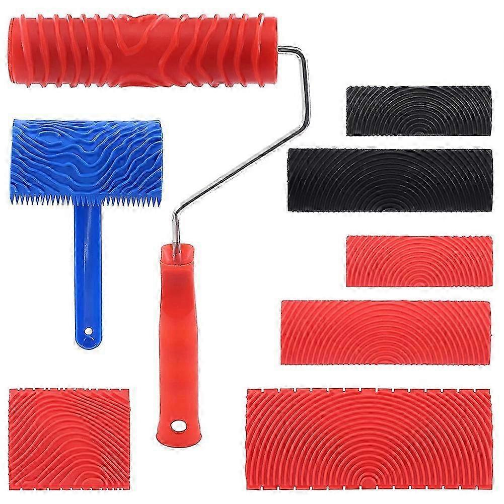 8 Pcs Wood Graining Painting Tool Set, Rubber Empaistic Grain Pattern Roller with Handle, for DIY Wall Room Decoration js