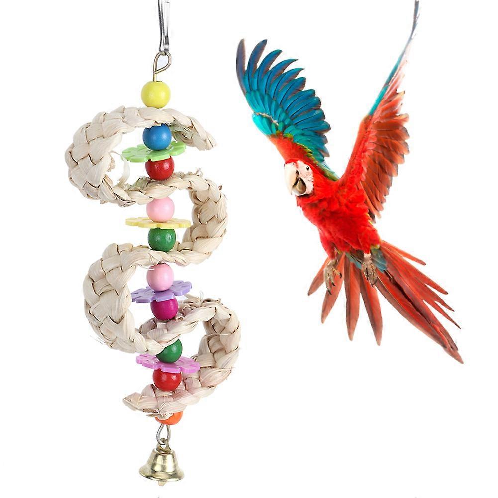 Parrot Bird Cage Straw Braid Hanging Chewing Toy (Random Color of the Beads and Petals)